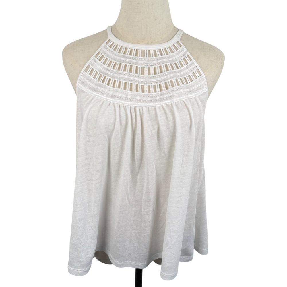 Old Navy Womens M Halter Tank Top White Linen Blend Crochet High Neck Beachy EUC